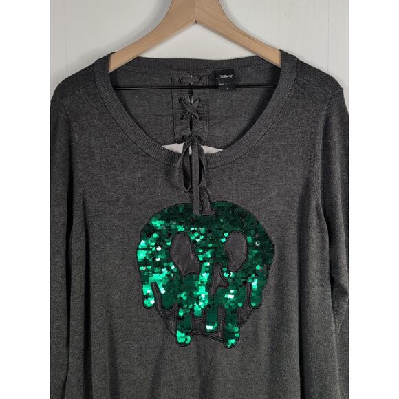 Disney Snow White Dripping Apple Sweater Womens 1X Gray Green Sequin Spooky Top - Picture 2 of 13
